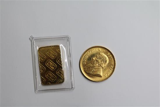 A gold 1/4 Krugerrand, a credit suisse 5g gold bar.